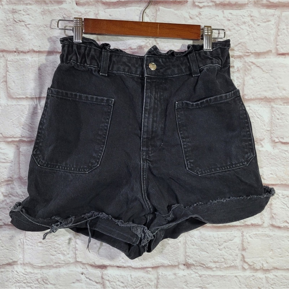 Zara Black High Rise Ruffle Cuffed Paper Bag Denim Jean Shorts